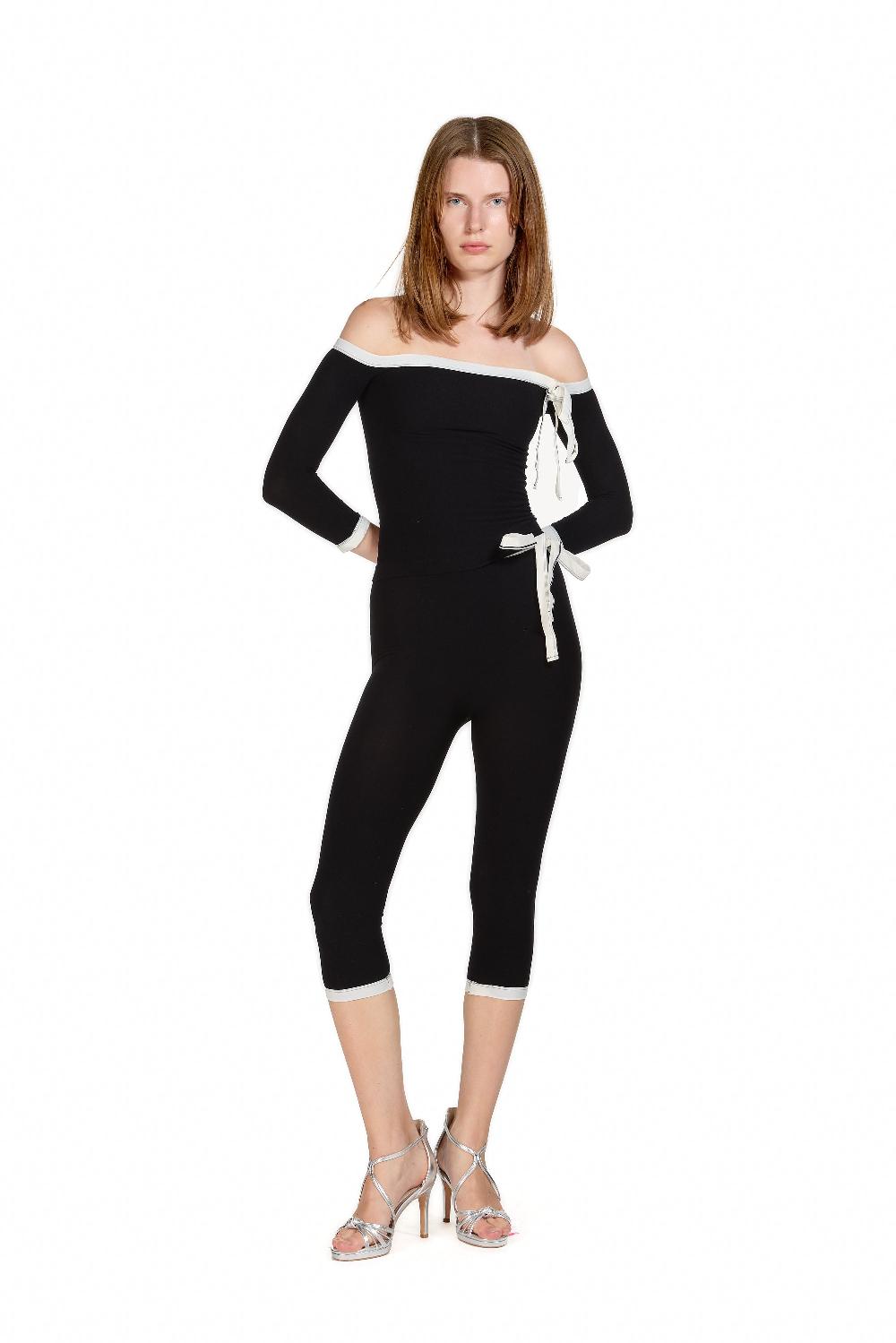 sinead gorey Off the Shoulder Black Top with Bow Detail and Matching Capri-Pants