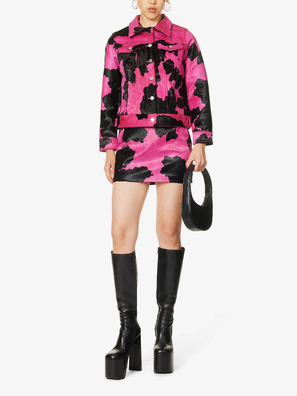 sinead gorey Printed cow-hide mini skirt with chunky metal zip