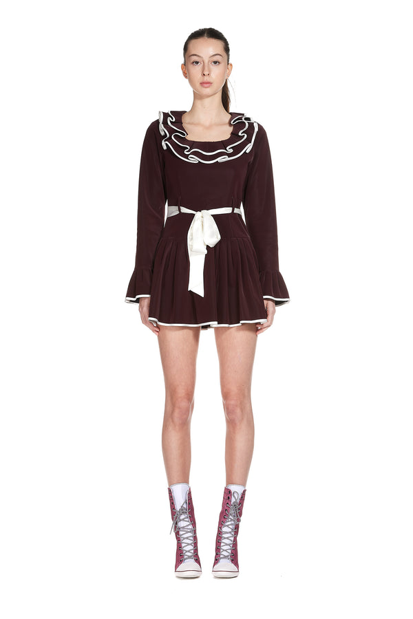 Sinead Gorey Ruffle Collar Dress In Water-proof Velour Cranberry Fabric