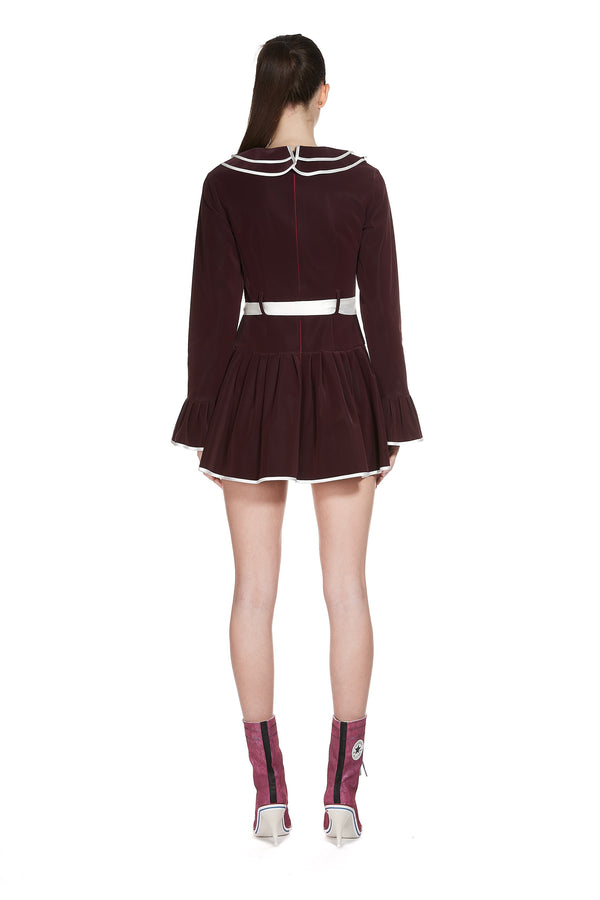 Sinead Gorey Ruffle Collar Dress In Water-proof Velour Cranberry Fabric