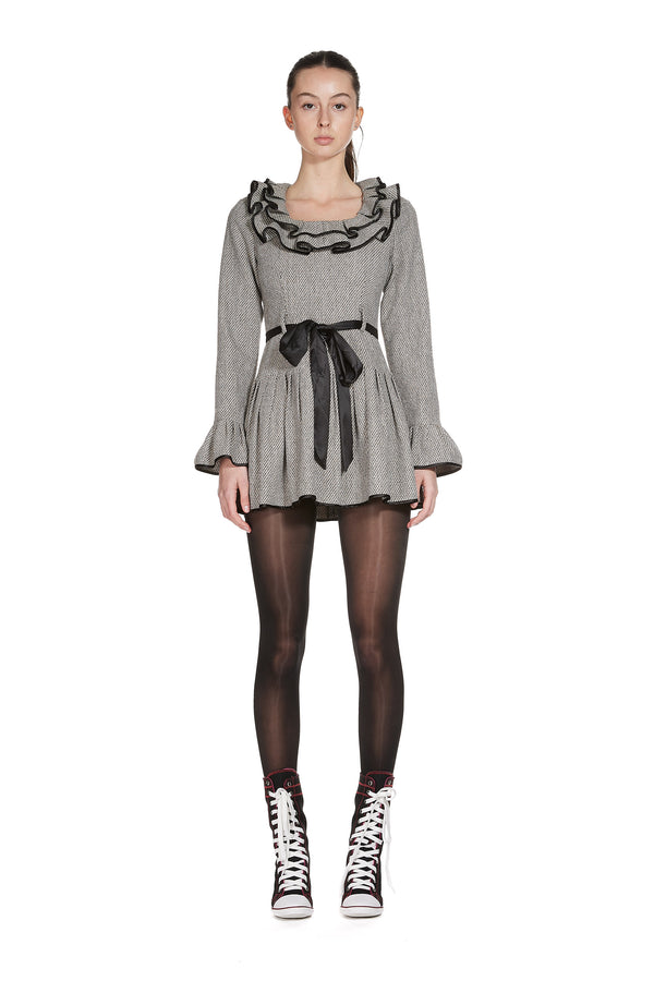 Sinead Gorey Ruffle Collar Dress In Wool Houndstooth Fabric