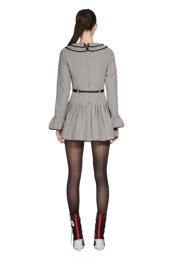 Sinead Gorey Ruffle Collar Dress In Wool Houndstooth Fabric