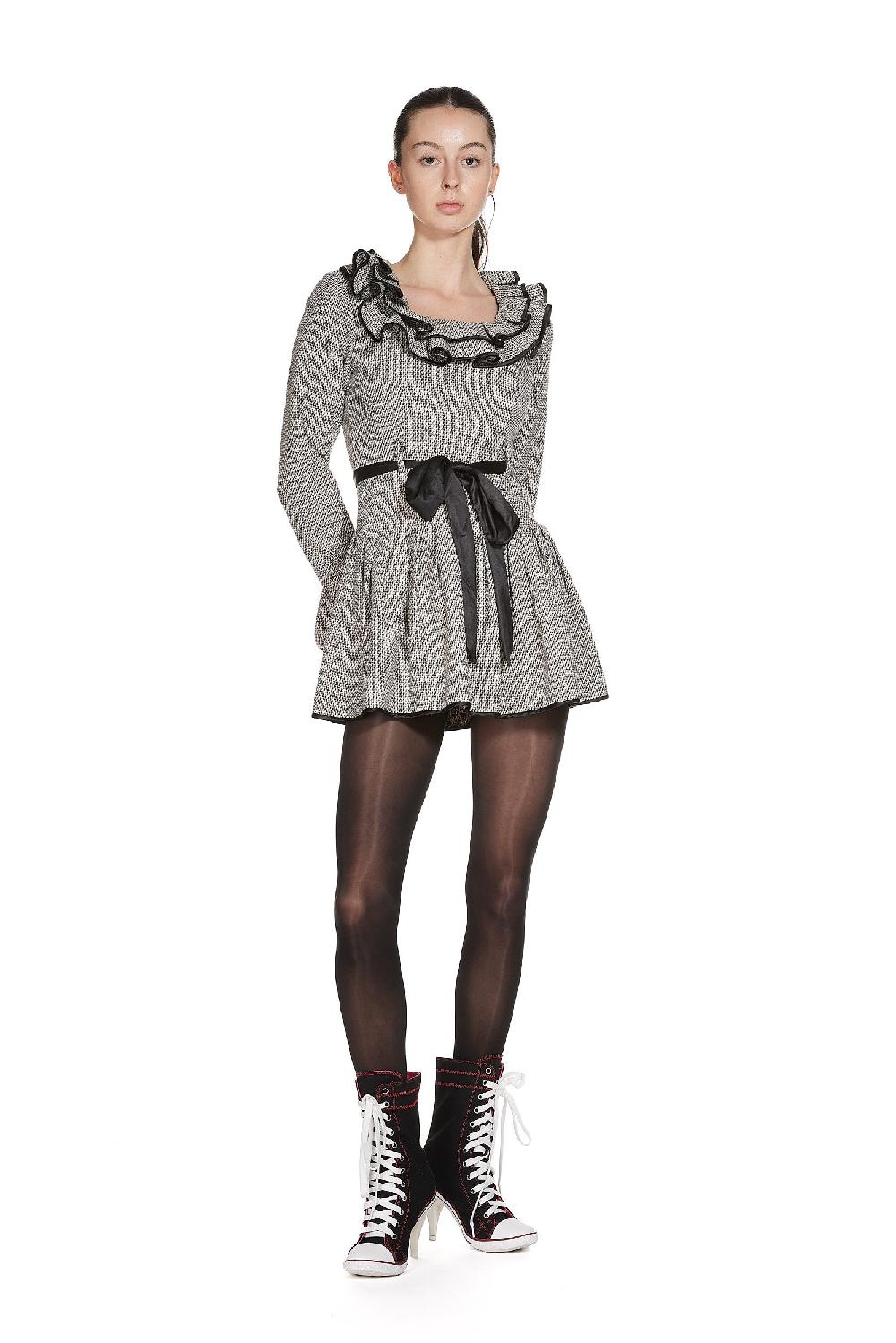 sinead gorey Ruffle Collar Dress in Wool Houndstooth Fabric