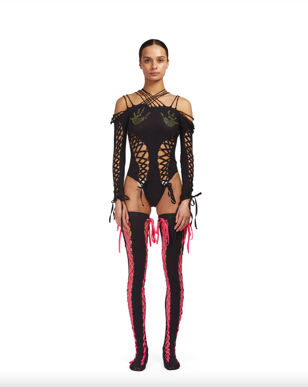 Sinead Gorey Seamless Body-suit With Lace Up Detailing And Rhinestone Hand-prints