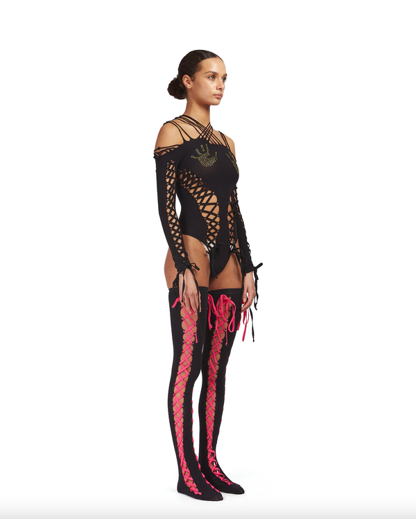 Sinead Gorey Seamless Body-suit With Lace Up Detailing And Rhinestone Hand-prints