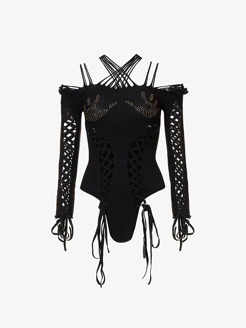 sinead gorey Seamless body-suit with lace up detailing and rhinestone hand-prints