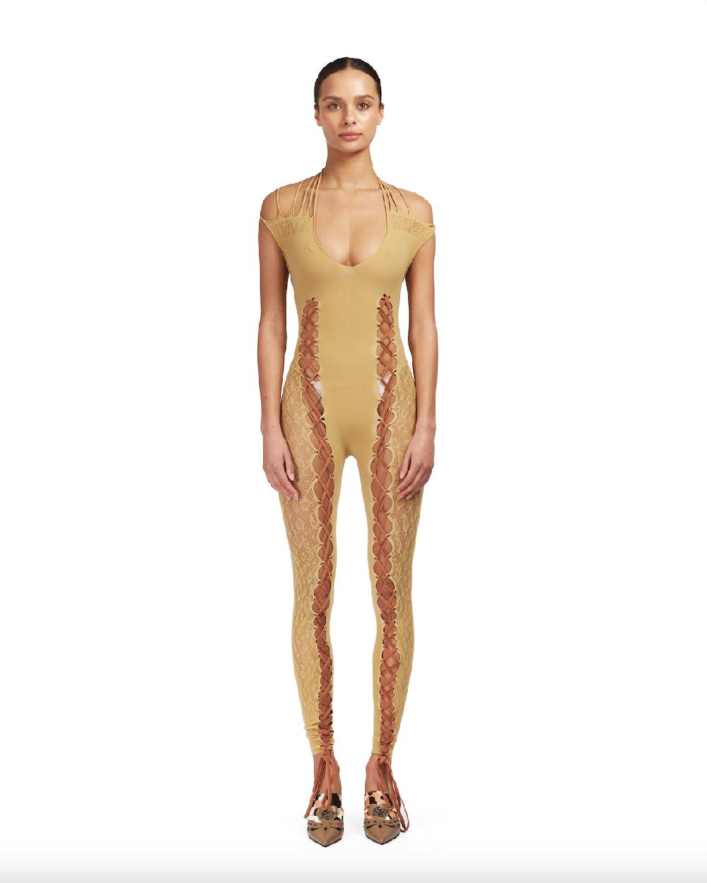 sinead gorey Seamless jumpsuit with lace up detailing and leopard-print mesh