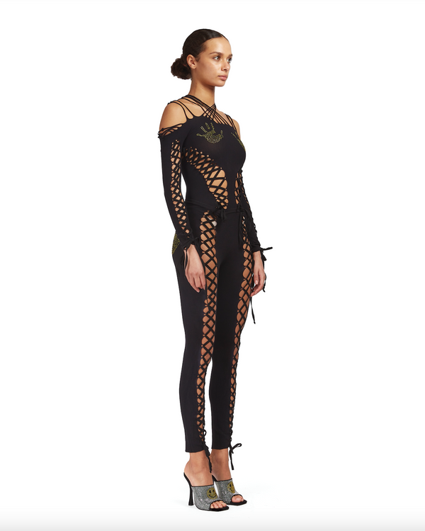 Sinead Gorey Seamless Leggings With Lace Up Detailing And Rhinestone Hand-prints