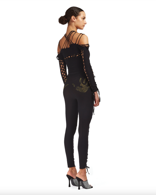Sinead Gorey Seamless Leggings With Lace Up Detailing And Rhinestone Hand-prints