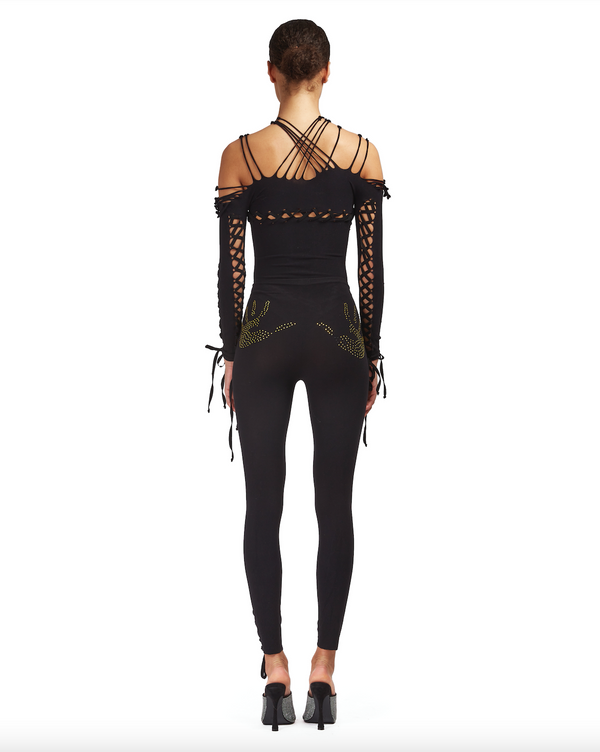 Sinead Gorey Seamless Leggings With Lace Up Detailing And Rhinestone Hand-prints