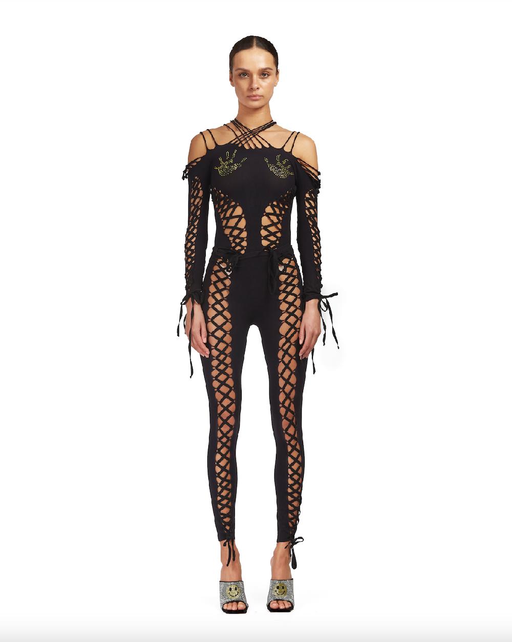 sinead gorey Seamless leggings with lace up detailing and rhinestone hand-prints