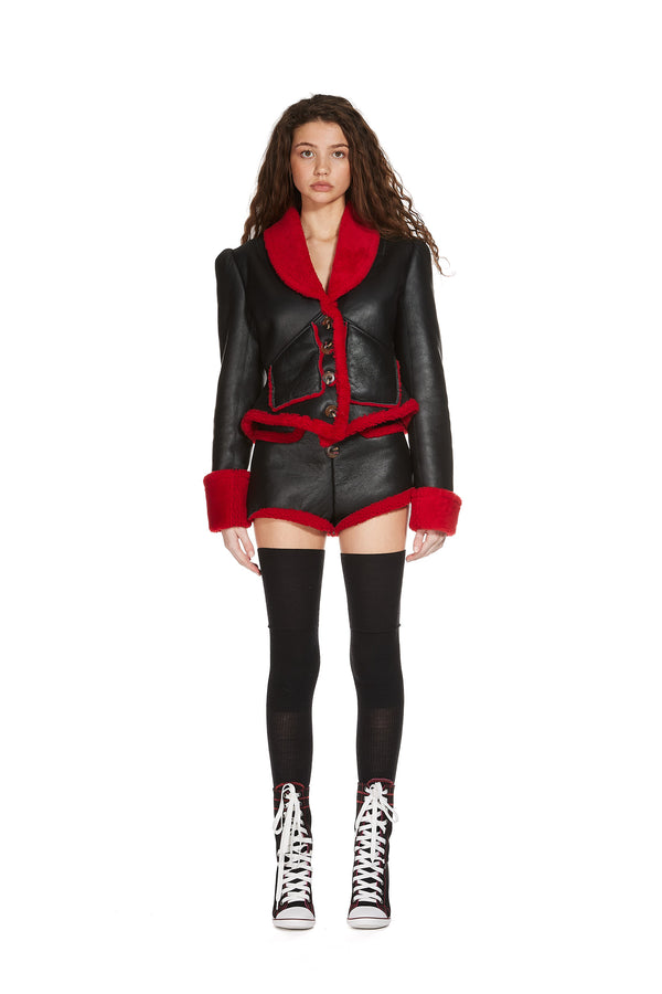 Sinead Gorey Shearling Leather Corset Jacket With Puff Sleeves