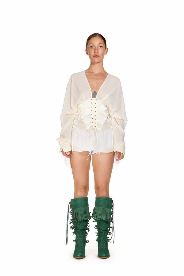 Sinead Gorey Chiffon Corset-Tie Batwing Mini Dress