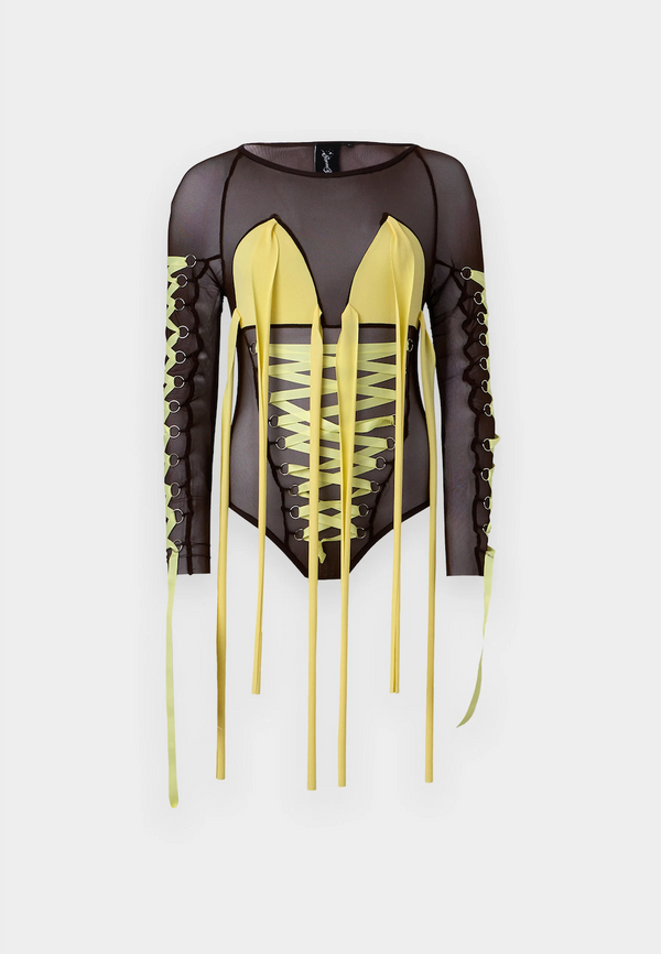 Sinead Gorey Corset-Piercing Mesh Ribbon Up Top