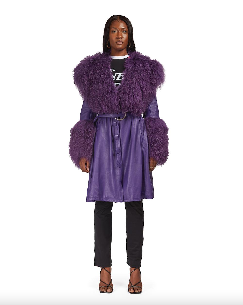 sinead gorey Leather Coat with Mongolian Fur Trim