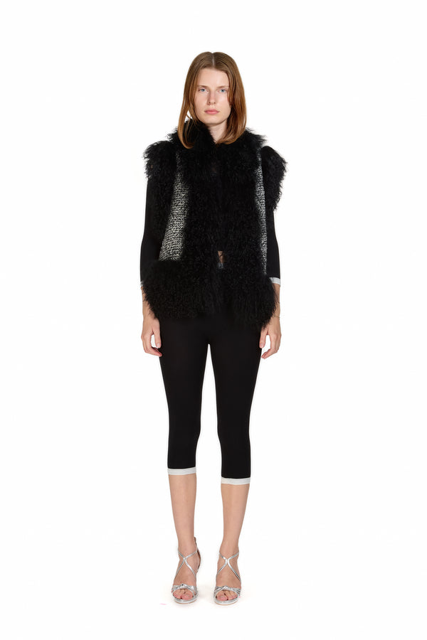 Sinead Gorey Mongolian Trim Wool Gilet- Black