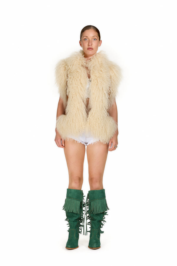 Sinead Gorey Mongolian Trim Wool Gilet- Tan Suede