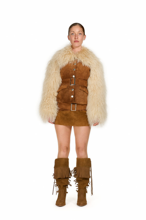 Sinead Gorey Suede Mini-Skirt In Tan With Belt