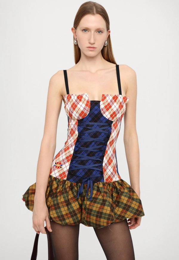 Sinead Gorey Tartan-Clash Scrunchie Bustier Dress