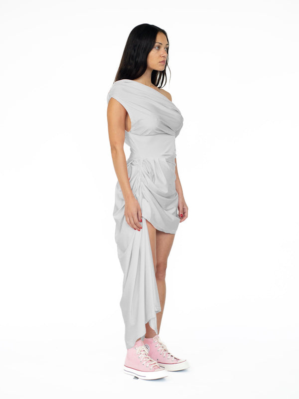 Sinead Gorey Slate Grey- Sheen Draped Asymmetrical Dress