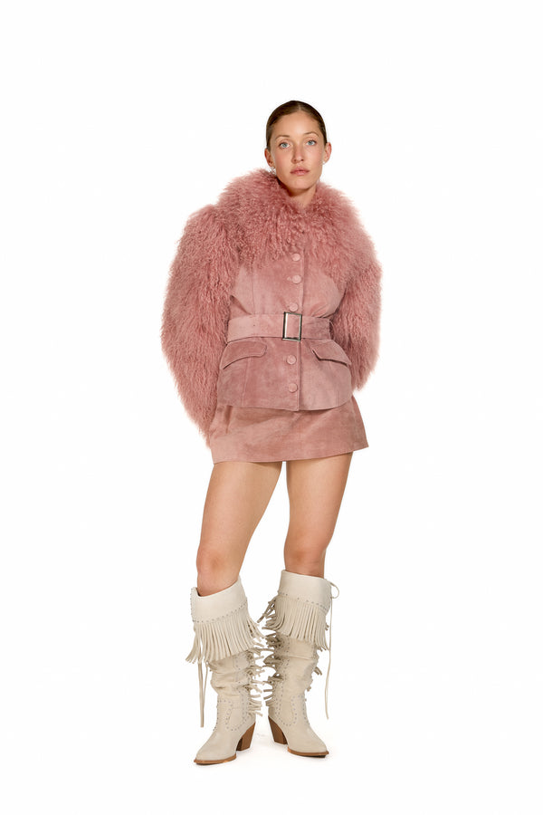 Sinead Gorey Suede Coat With Mongolian Fur Sleeves And Collar