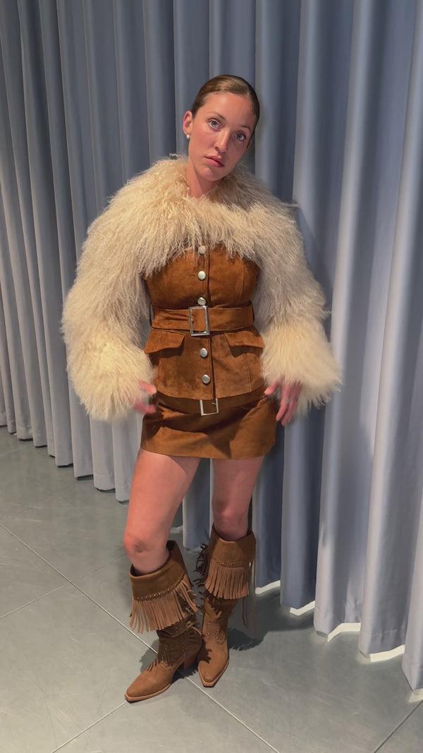 Sinead Gorey Suede Coat With Mongolian Fur Sleeves And Collar