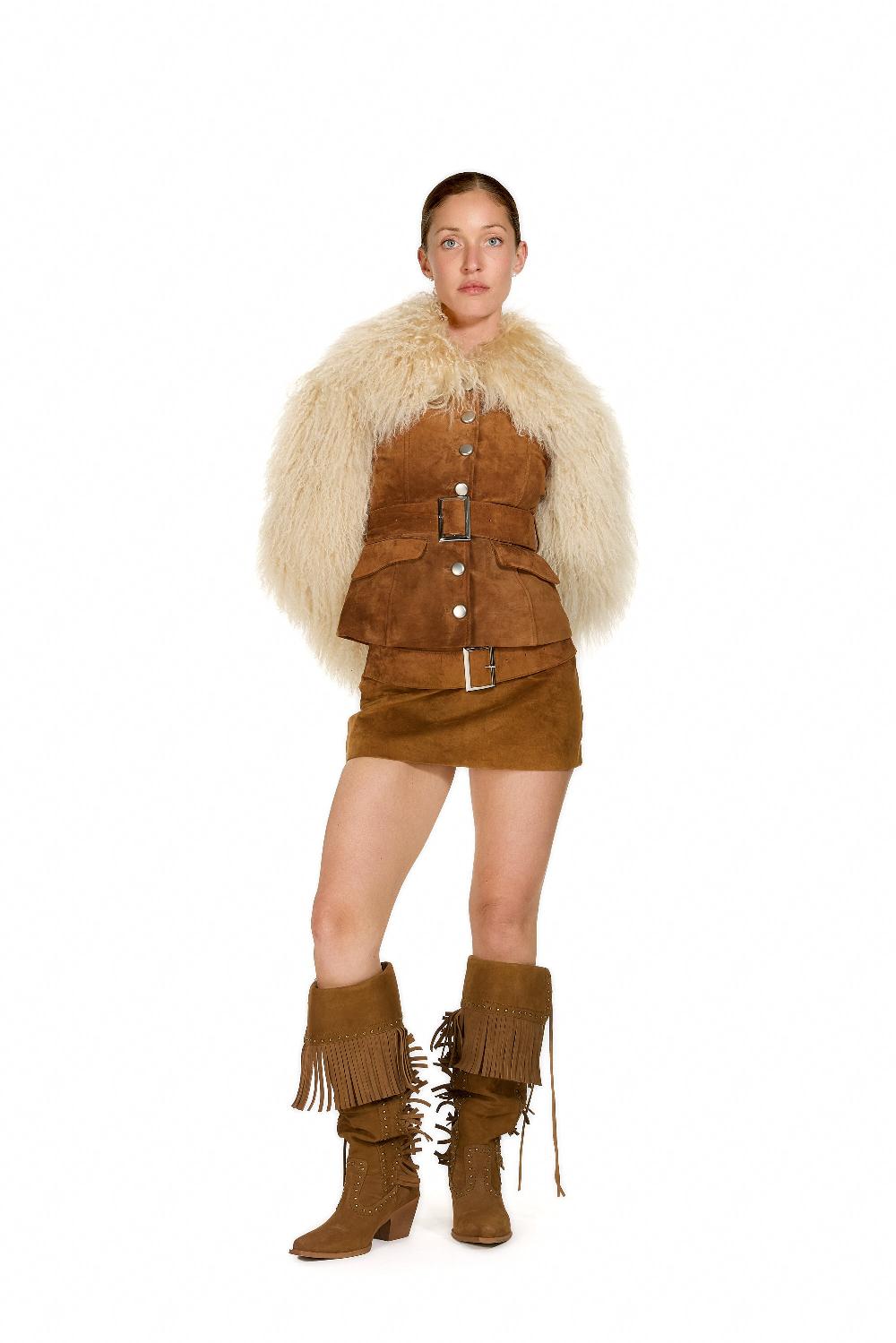 sinead gorey Suede Coat with Mongolian Fur Sleeves and Collar