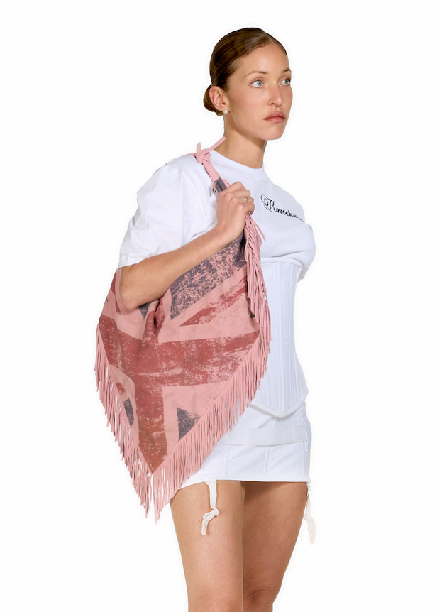 sinead gorey Suede Distressed Flag Tassel Bag with Strawberry Charm