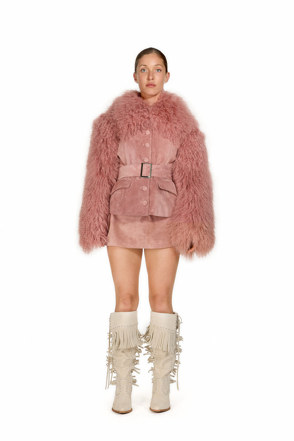 Sinead Gorey Suede Mini-Skirt In Dusty Pink With Belt