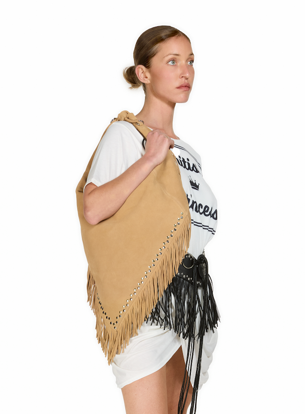 sinead gorey Suede Tassel Bag with Strawberry Charm