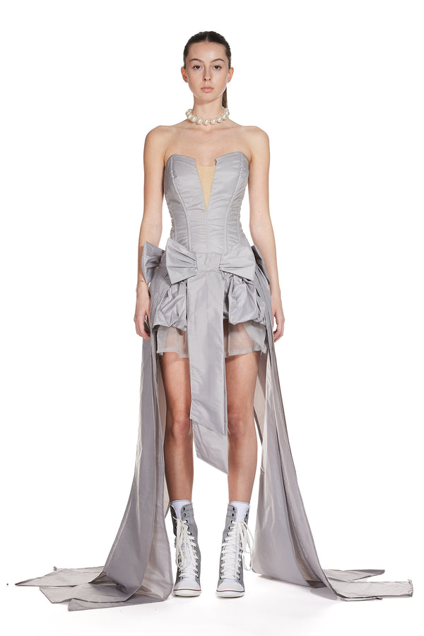 Sinead Gorey Taffeta Corset Bow Front Asymmetric Dress
