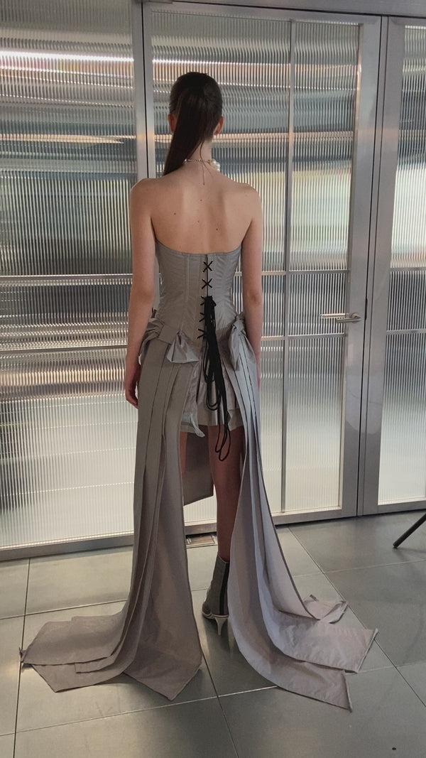 Sinead Gorey Taffeta Corset Bow Front Asymmetric Dress