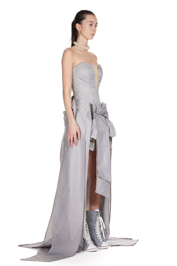 Sinead Gorey Taffeta Corset Bow Front Asymmetric Dress