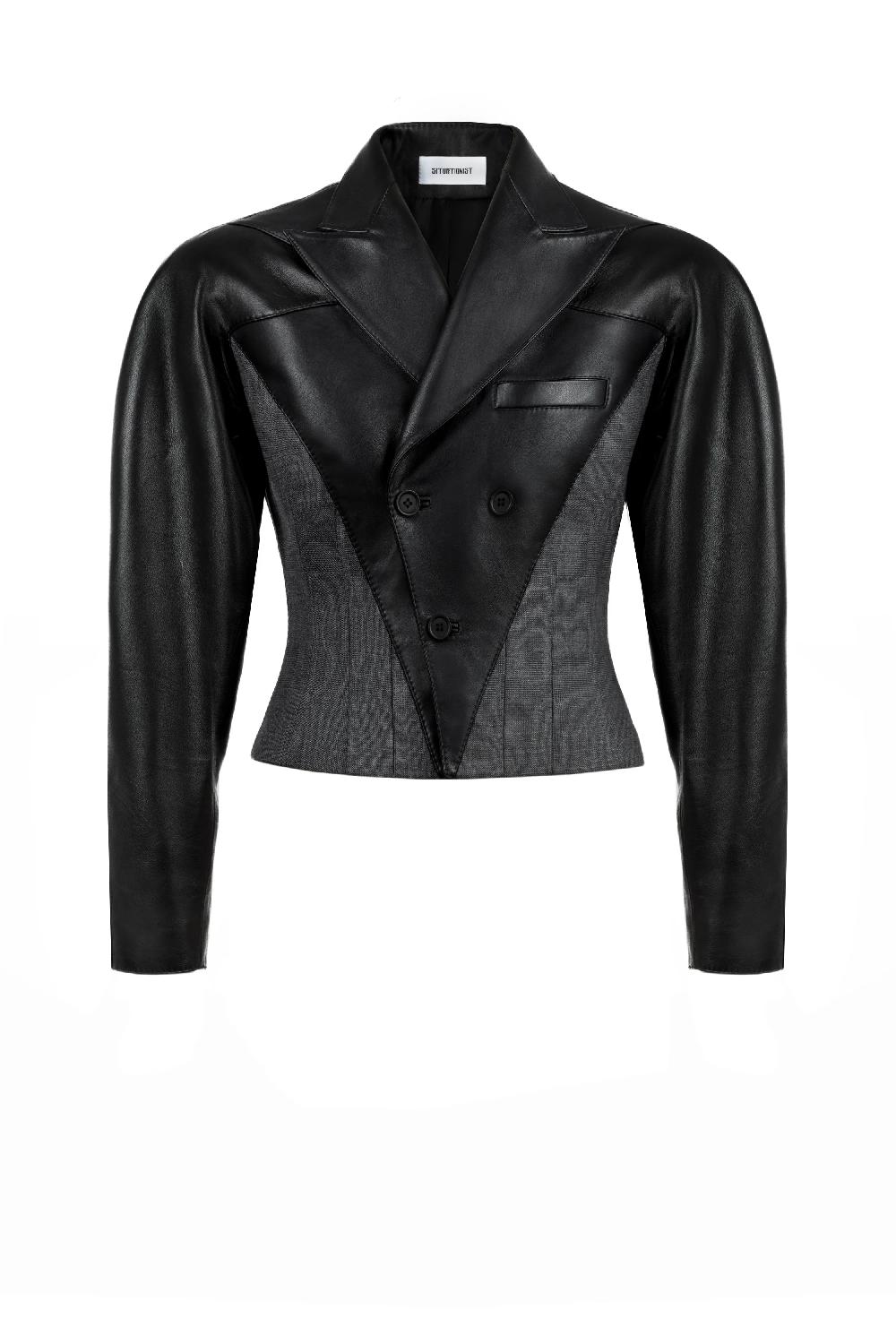 situationist Black Leather and Grey Wool Jacket