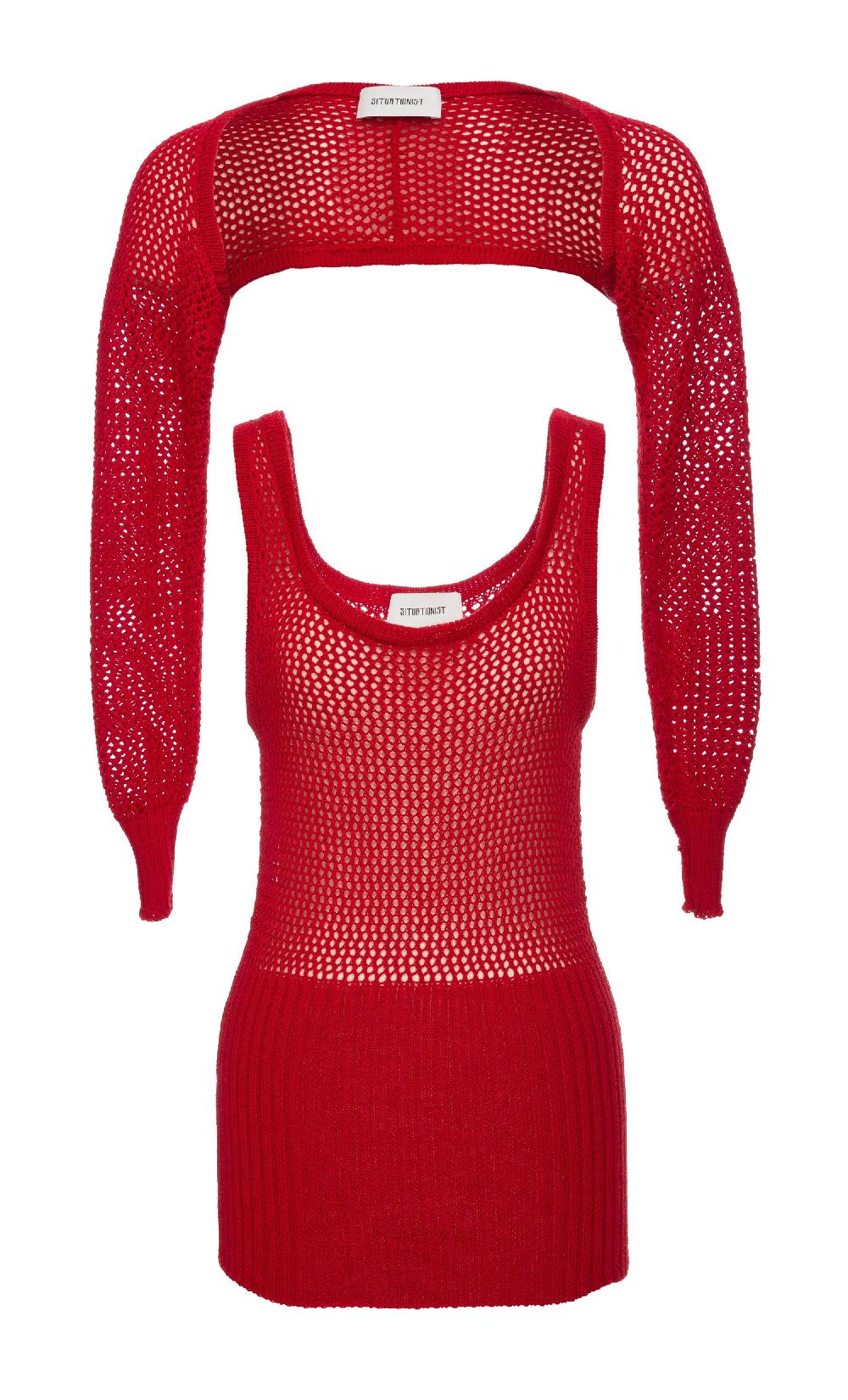 situationist Red Hand-knitted Top with Bolero