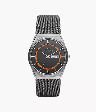 skagen Melbye Titanium and Charcoal Steel Mesh Day-Date Watch