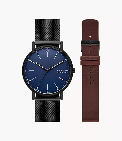 skagen Signatur Three-Hand Black Stainless Steel Mesh Watch and Strap Set