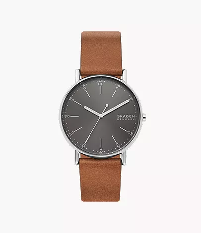 skagen Signatur Three-Hand Medium Brown Leather Watch