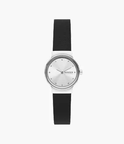 skagen Freja Lille Two-Hand Black Leather Watch