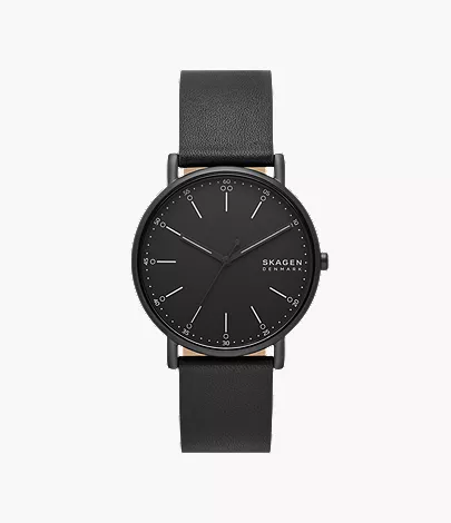 skagen Signatur Three-Hand Black Leather Watch