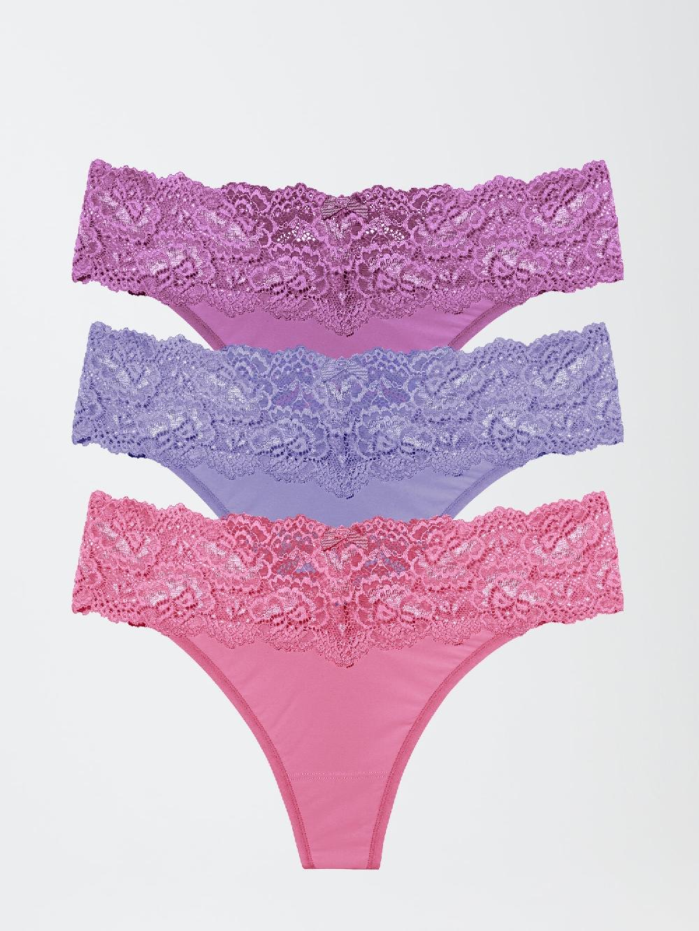 skarlett blue Goddess Lace Trim Thong 3 Pack Purple/Periwinkle/Pink Lavender
