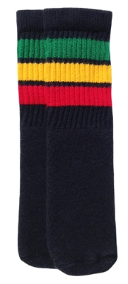 skatersocks Kids Black tube socks with Green-Gold-Red stripes