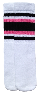 skatersocks Kids White tube socks with Black-Bubblegum Pink stripes
