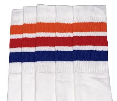 skatersocks Kids White tube socks with Orange-Red-Royal Blue stripes