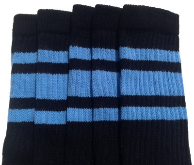 skatersocks Knee high Black tube socks with Baby Blue stripes