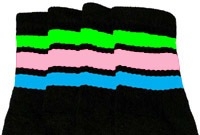 skatersocks Knee high Black tube socks with Neon Green-Baby Pink-Baby Blue stripes