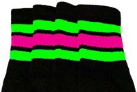 skatersocks Knee high Black tube socks with Neon Green-Hot Pink stripes
