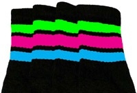 skatersocks Knee high Black tube socks with Neon Green-Hot Pink-Baby Blue stripes