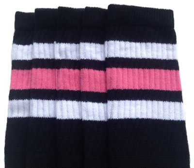 skatersocks Knee high Black tube socks with White-BubbleGum Pink stripes