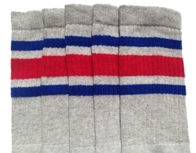 skatersocks Knee high Grey tube socks with Royal Blue-Red stripes